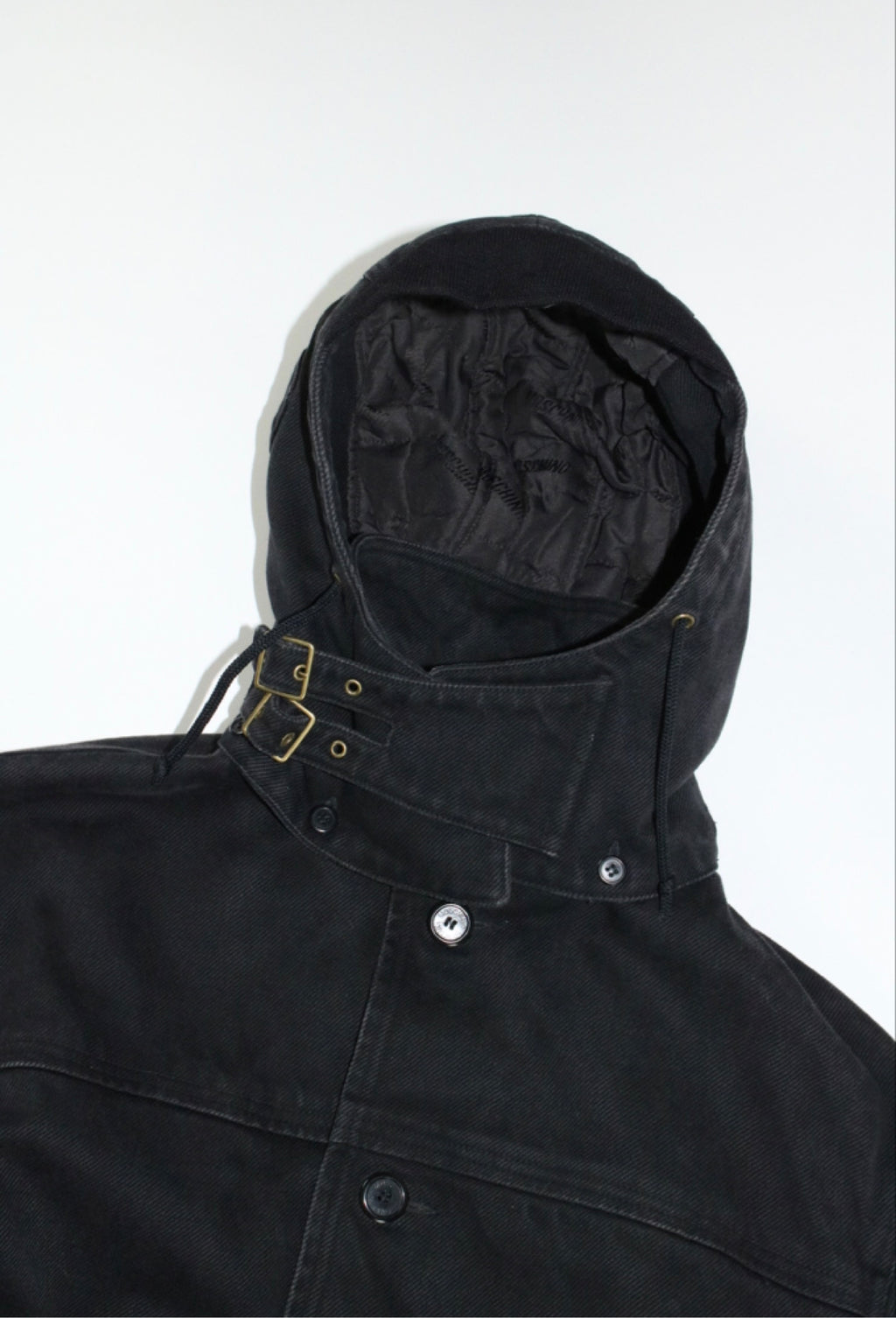 00s MOSCHINO black military sampling hooded half coat