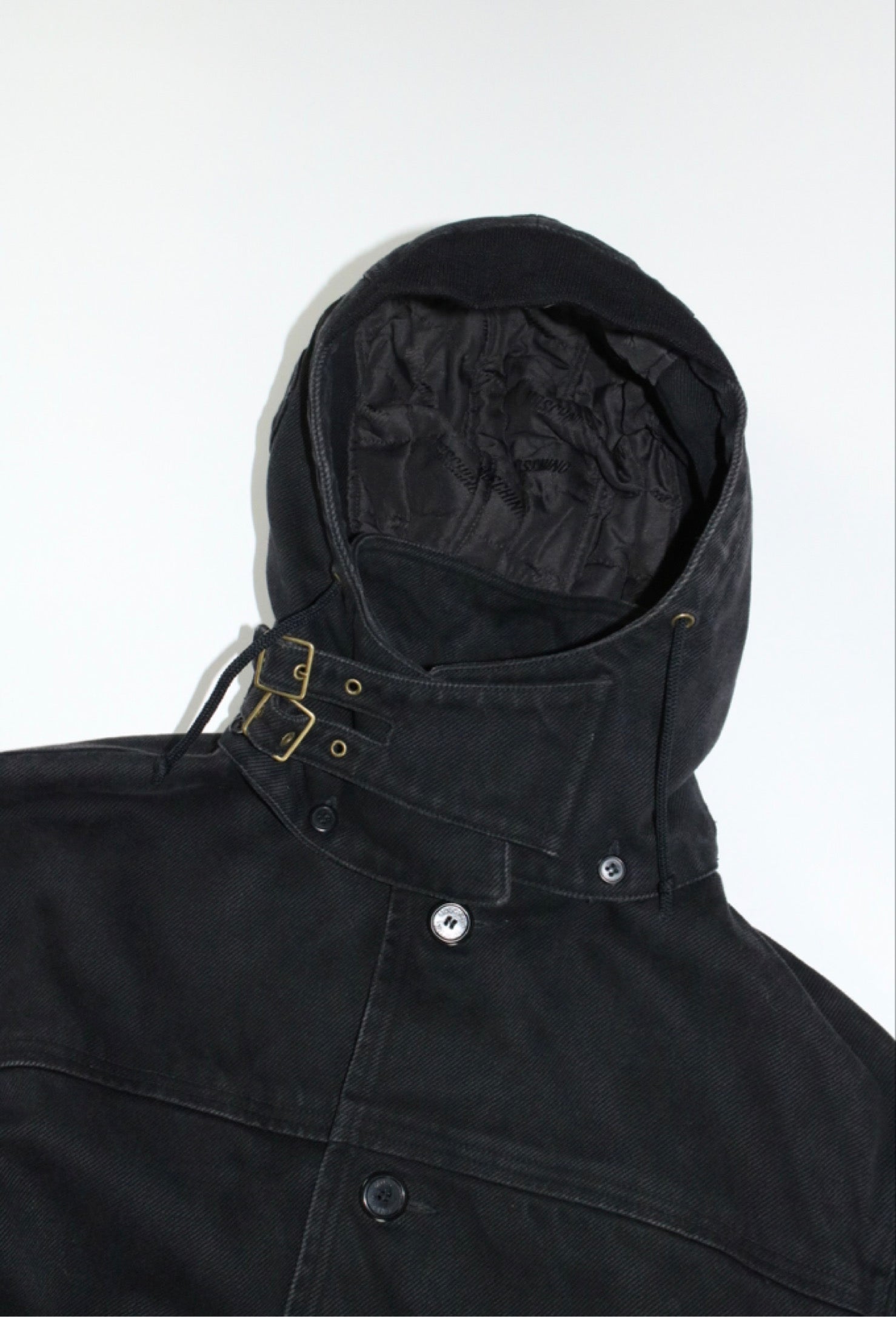 00s MOSCHINO black military sampling hooded half coat