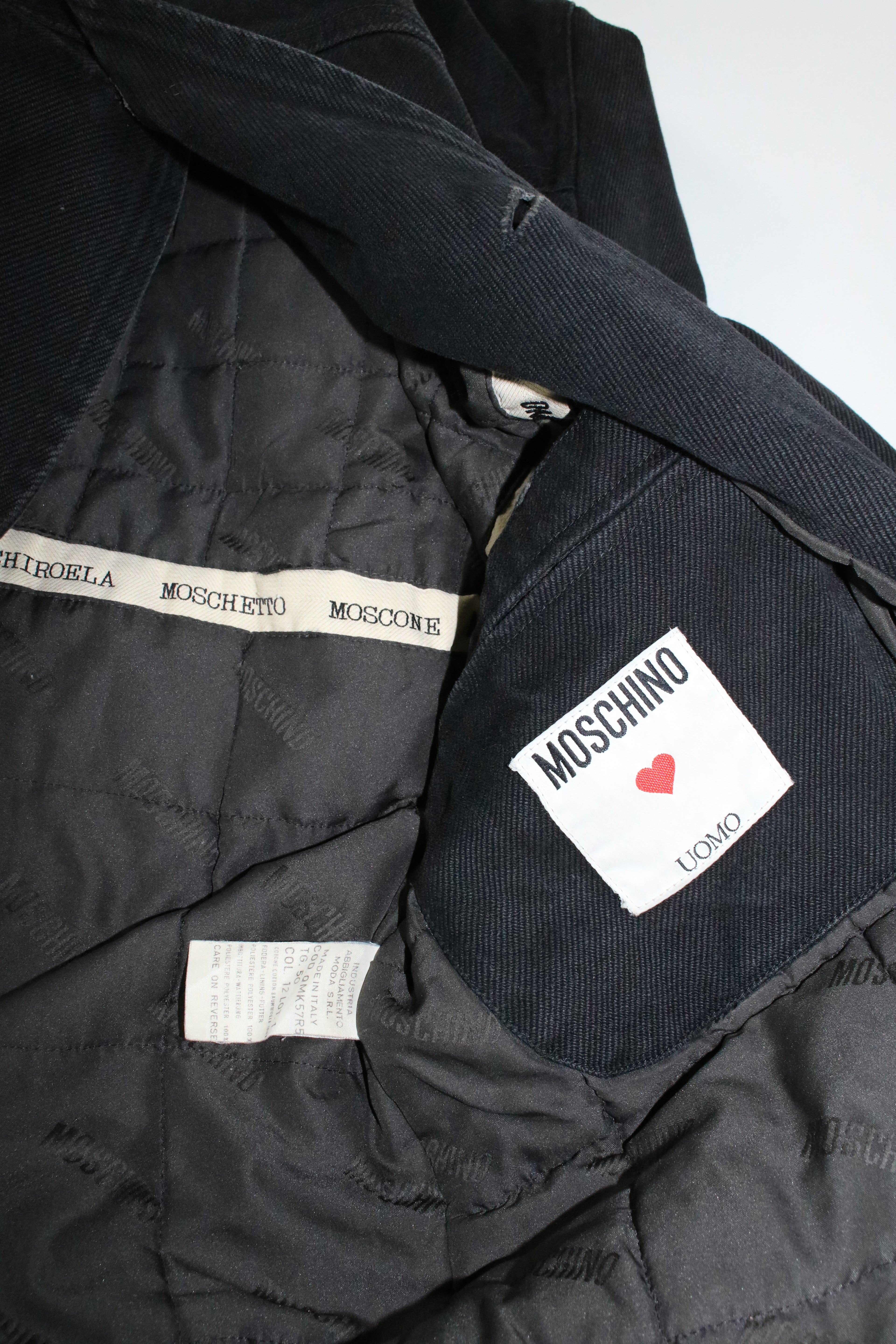00s MOSCHINO black military sampling hooded half coat