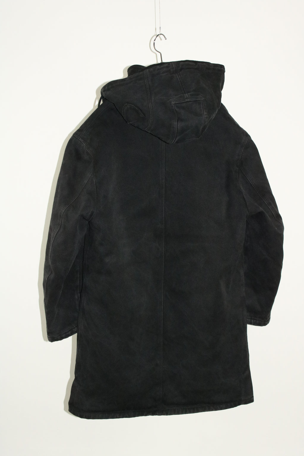 00s MOSCHINO black military sampling hooded half coat