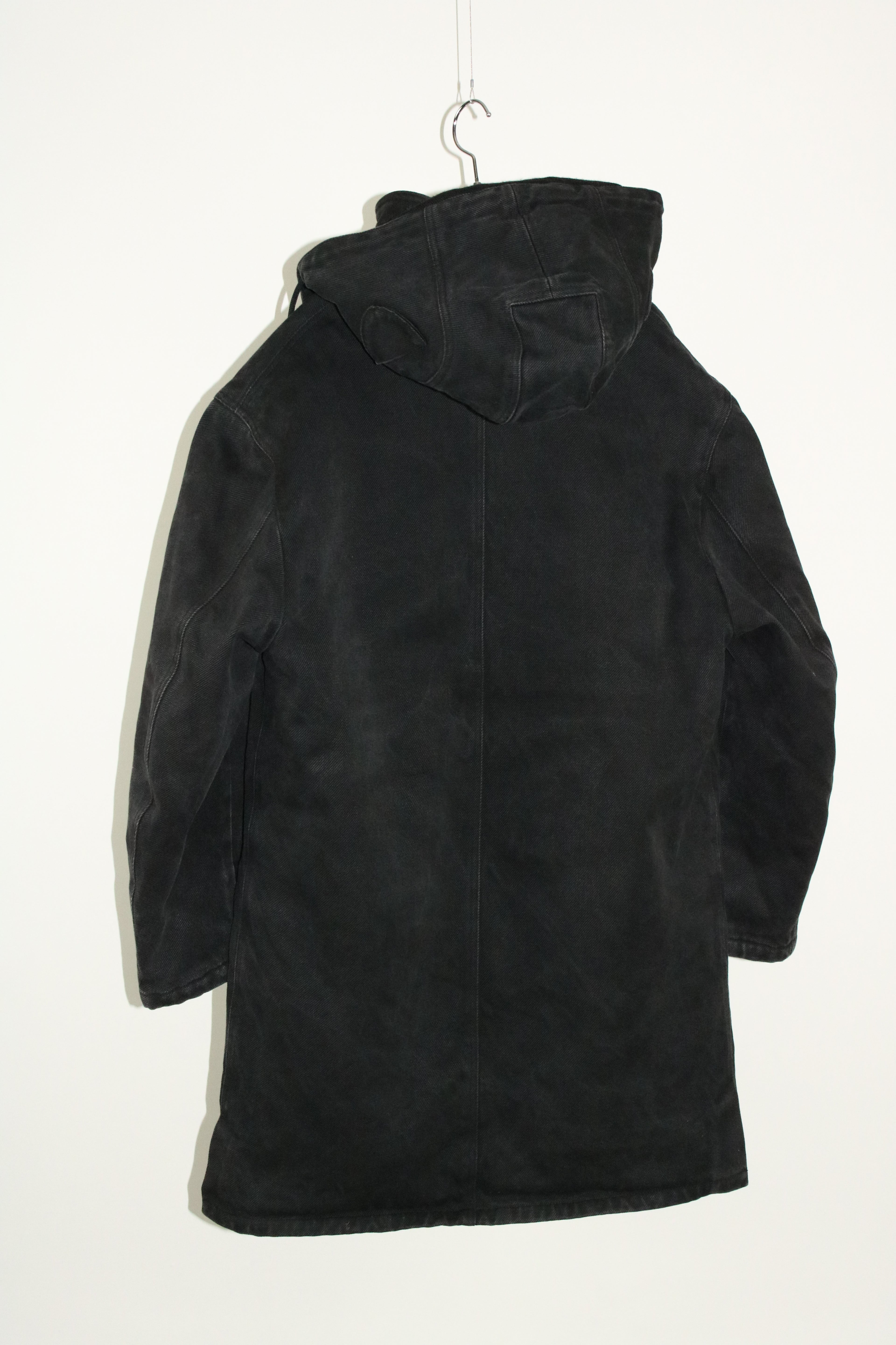 00s MOSCHINO black military sampling hooded half coat