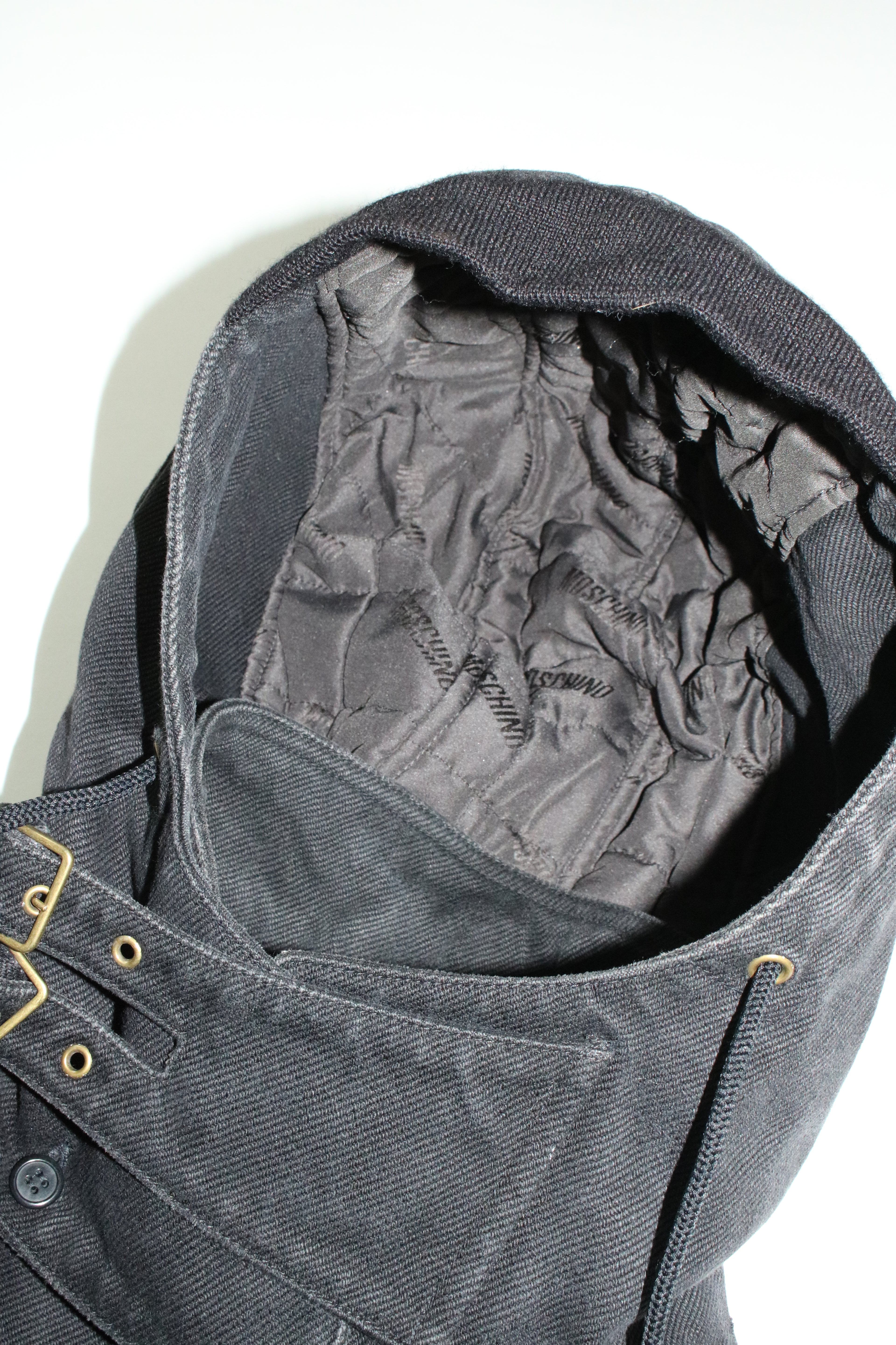 00s MOSCHINO black military sampling hooded half coat